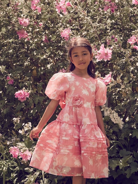 Laura Ashley Bright Pink Winter Rose Floral Organza Pintuck Prom Dress (E92327) | €45 - €50