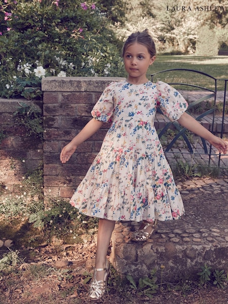Laura Ashley Cream Vintage Foscot Damask Floral Cotton Prom Dress (E92348) | €45 - €53