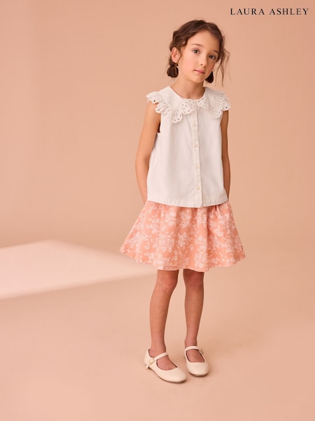 Laura Ashley Peach Pink Arlo Broderie Blouse and Floral Skirt Set (E92366) | €37 - €42