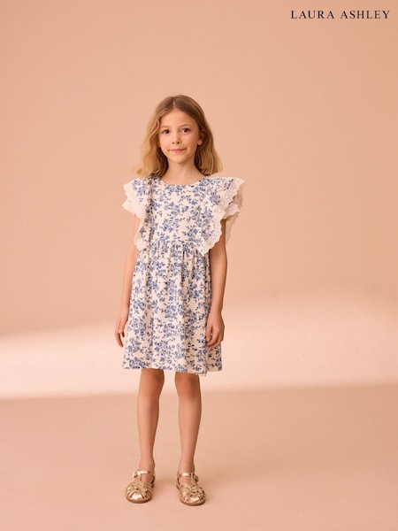 Cream/Blå Arlo - Laura Ashley Broiderie Jersey 100% Bomull Kjole (E92386) | kr243 - kr300