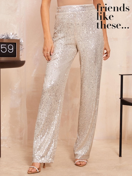 Friends Like These Champagne Gold Petite All Over Sequin Tailored Wide Leg Trousers (E92397) | 143 QAR