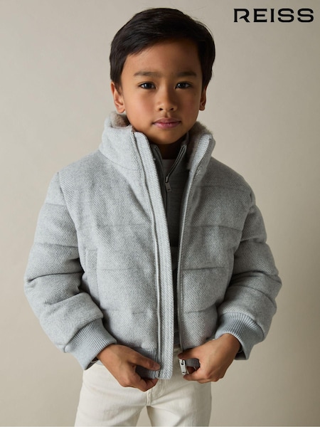Reiss Soft Grey Melange Farid Herringbone Faux-Fur Collar Puffer Jacket (E92545) | AED547