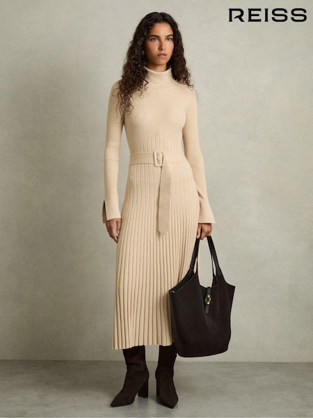 Reiss Neutral Vinette Ribbed Roll Neck Belted Midi Dress (E92546) | AED1,354