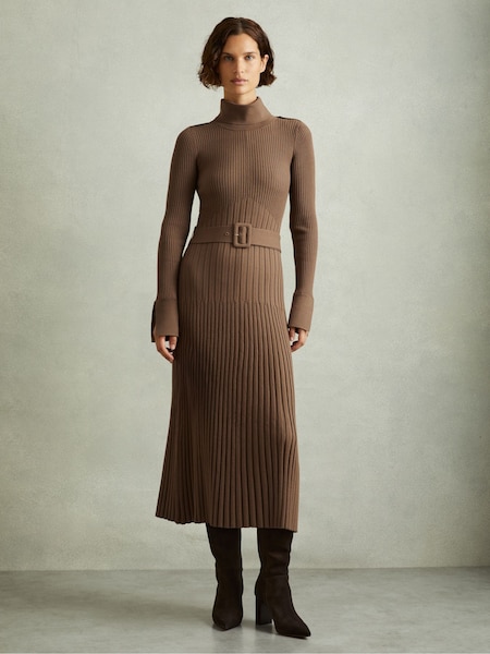 Reiss Mocha Vinette Ribbed Roll Neck Belted Midi Dress (E92557) | €183