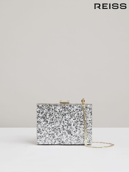 Reiss Silver Greta Glitter Box Clutch Bag (E92563) | €180