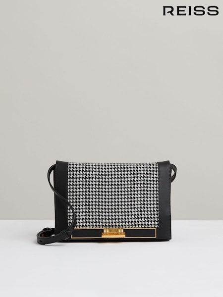 Reiss Black Kora Leather and Dogtooth Wool Bag (E92565) | SGD 518