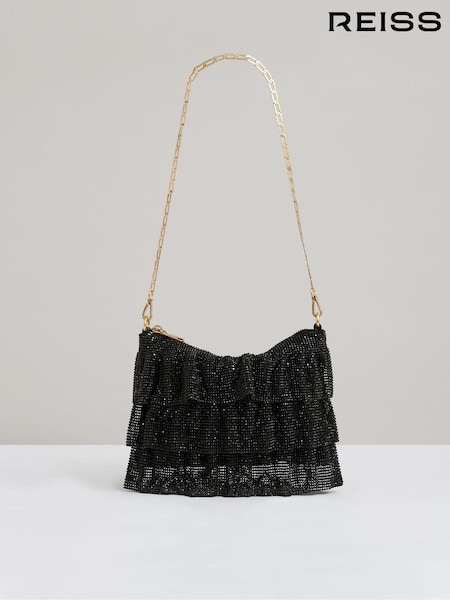 Reiss Black Rara Tiered Crystal Embellished Shoulder Bag (E92566) | €97