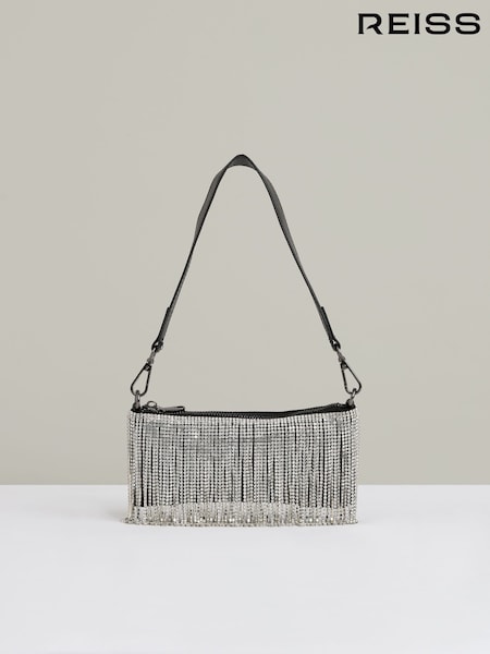 Reiss Silver Francesca Satin Crystal Fringe Mini Shoulder Bag (E92574) | €129