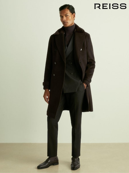 Reiss Brown Barista Wool-Blend Faux-Fur Collar Overcoat (E92576) | €693