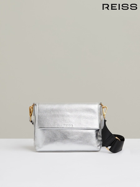 Reiss Silver Selena Leather Flap Crossbody Bag (E92580) | €57