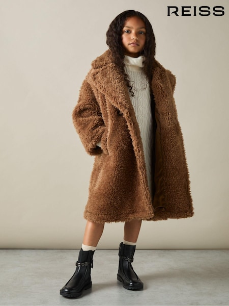 Reiss Brown Darla 9-13 yrs Longline Teddy Coat with Wool (E92586) | AED1,152
