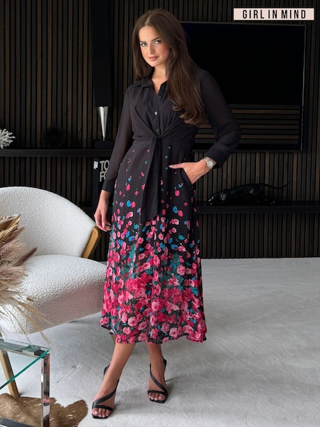 Musta Vaaleanpunainen Kukallinen  - Girl In Mind Isabella Tie Front Shirt Dress (E92787) | €87