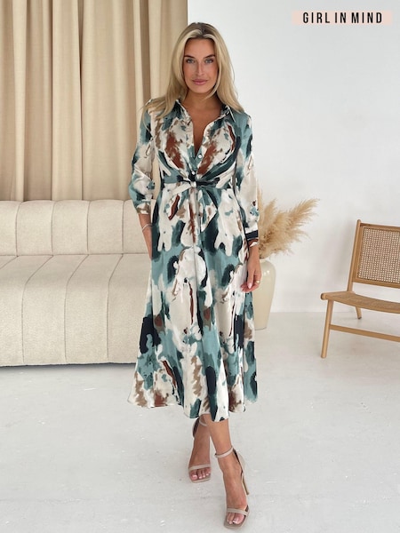 Girl In Mind Green Abstract Isabella Tie Front Shirt Dress (E92792) | €44