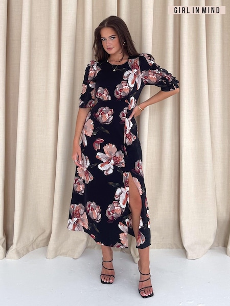 Girl In Mind Black Samira Floral Frill Sleeve Midi Dress (E92798) | €31