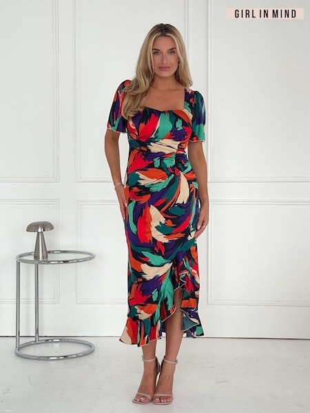 Girl In Mind Green Red Abstract Heidi Ruched Midi Dress (E92805) | €34
