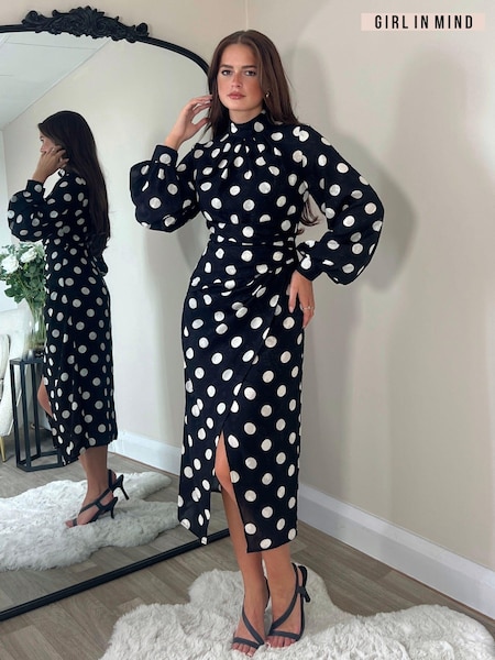 Girl In Mind Tessa Spotted Wrap Long Sleeve Midi Dress (E92811) | 208 LEI