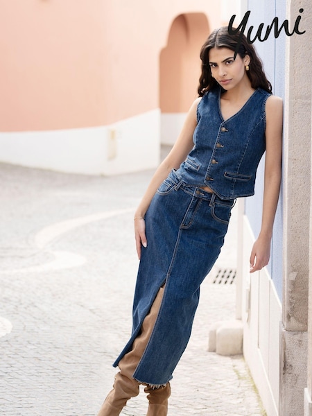 Yumi Denim Stretch Fitted Midi Skirt With Front Split (E92886) | ‏277‏₪