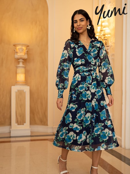 Yumi Blue Floral Mesh Wrap Dress With Long Sleeves (E92889) | R$ 545