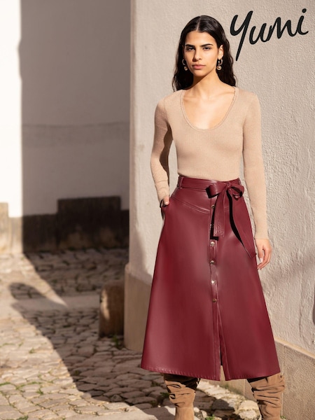 Yumi Faux Leather A Line Midi Skirt With Button Up Details (E92890) | ‏277‏₪