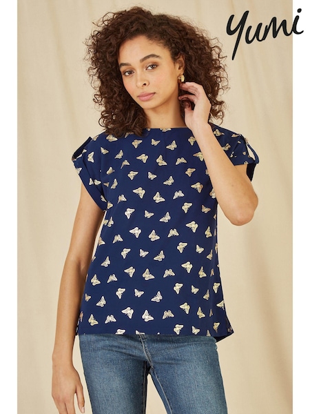 Yumi Blue Foil Butterfly Print Top (E92893) | €46