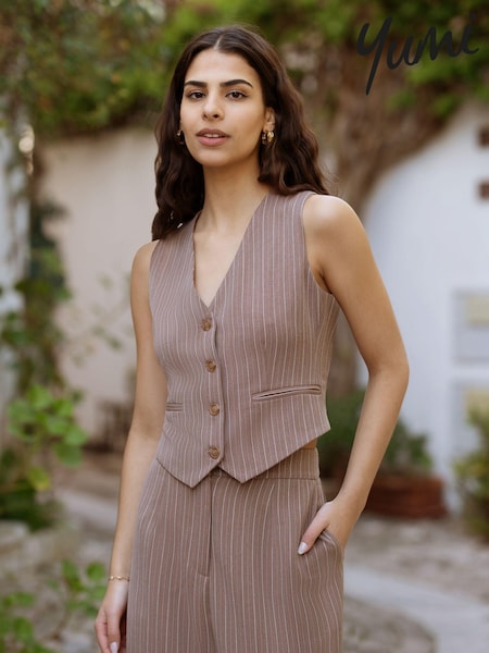 Yumi Brown Pinstripe Cotton And Ramie Waist Coat Vest (E92899) | €30