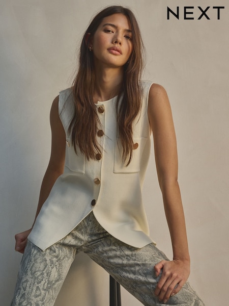 Valkoinen/Ecru - Smart Knitted Button Liivi Top (E92902) | €53