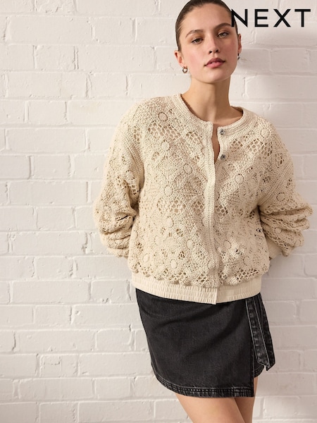 White/Ecru Crochet Bomber Jacket Cardigan (E92906) | €56