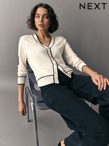bela bež Tipped - Soft Touch Button Up Knitted Cardigan (E92909) | € 22
