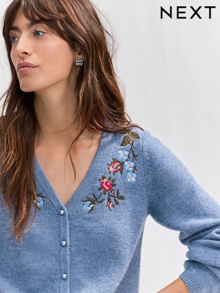 Blue Chambray Floral Embroidery Pearl Button Cardigan (E92912) | €30