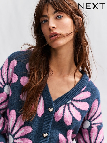 Mornarsko modra-roza cvetlična - Soft Touch Button Up Pocket Knitted Cardigan (E92913) | € 28