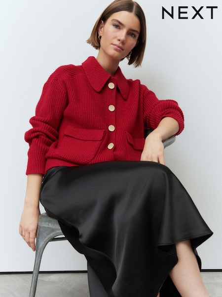 rdeča - Collared Knitted Bomber Jacket (E92918) | € 33