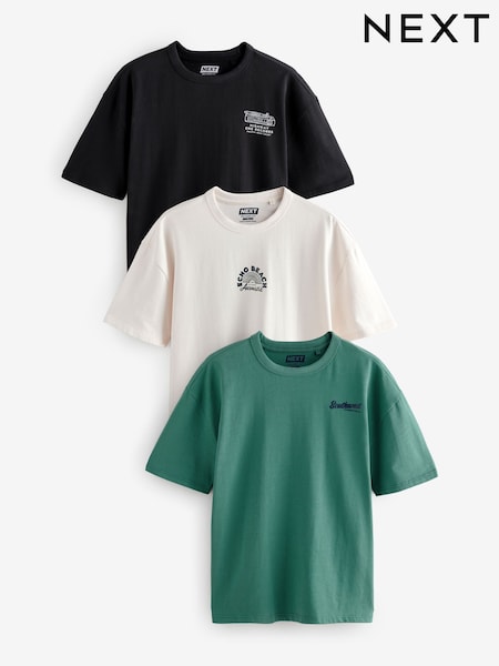 Black/White/Green Relaxed Fit Graphic Print Heavyweight 100% Cotton T-Shirt (E92938) | €37