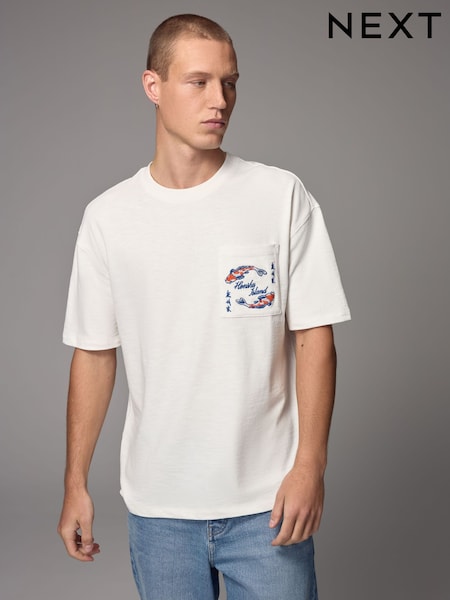 Ecru Pocket Relaxed Fit Graphic Print Heavyweight T-Shirt (E92944) | €23