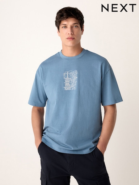 Blue Relaxed Fit 100% Cotton Heavyweight Japan Graphic T-Shirt (E92945) | R$ 190
