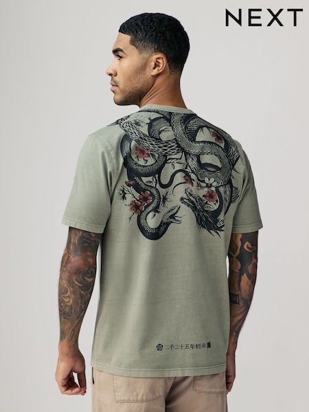 Green Tattoo Print Regular Fit Graphic Print T-Shirt (E92946) | €19