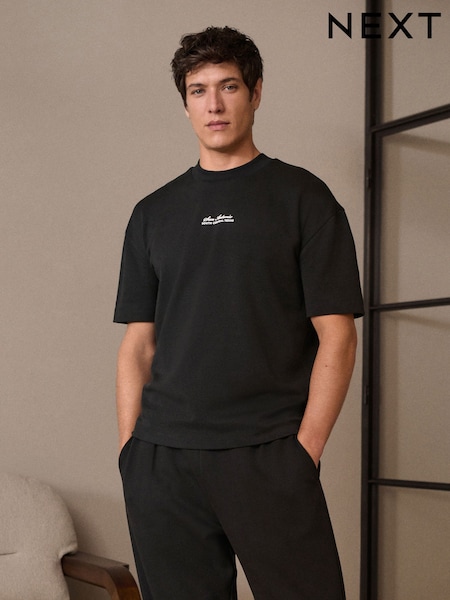 Black Text Relaxed Fit Graphic Print Heavyweight T-Shirt (E92951) | €23.50