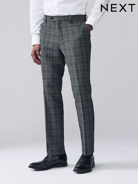 Charcoal Grey Tailored Fit Trimmed Check Suit Trousers (E93044) | €52