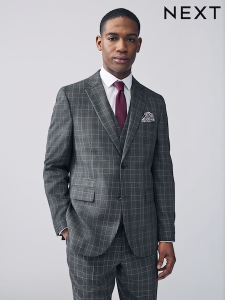 Charcoal Grey Tailored Fit Trimmed Check Suit Jacket (E93045) | €90