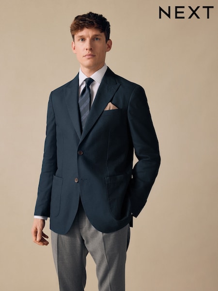 Navy Regular Fit Cotton Blend Blazer With Linen and Lyocell (E93124) | R$ 815