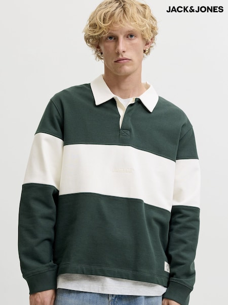 ירוק - Regular Jack & Jones Relaxed Fit Colour Block Rugby Polo Shirt