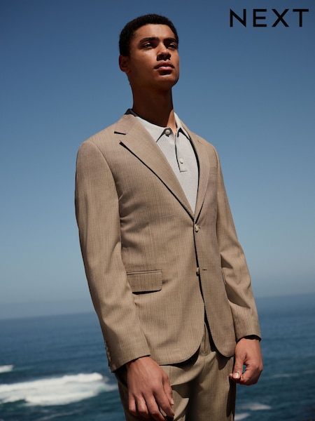 Taupe Slim Striped Herringbone Suit Jacket (E93261) | AED499