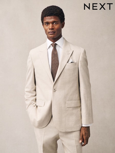 Neutral Regular Fit Linen Blend Check Suit Jacket (E93268) | €132