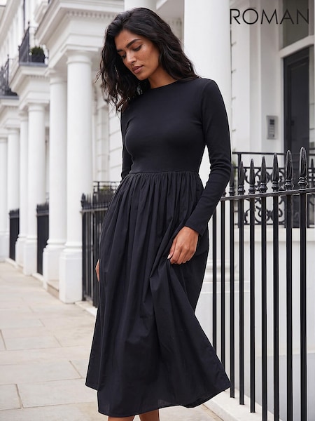 Noir - Roman Peignoir mi-long en jersey de coton extensible