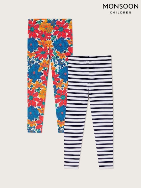 Monsoon Blue Floral Stripe Leggings 2 Pack (E93416) | 62 QAR - 74 QAR