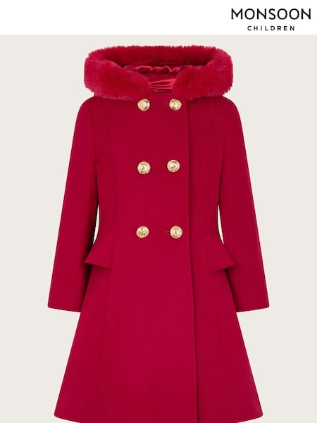 Monsoon Red Double Breasted Faux Fur Hooded Coat (E93422) | AED220 - AED255