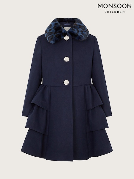Monsoon Blue Faux Fur Collar Peplum Coat (E93443) | AED231 - AED266