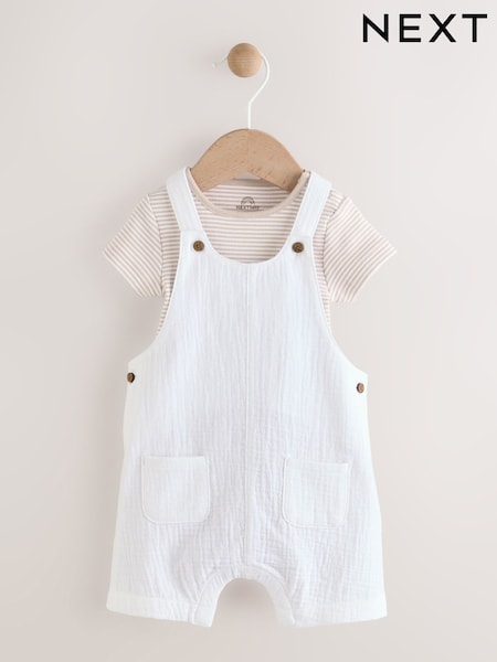 White/Neutral Baby Woven Dungaree and Striped Bodysuit Set (0mths-2yrs) (E93495) | €26 - €29