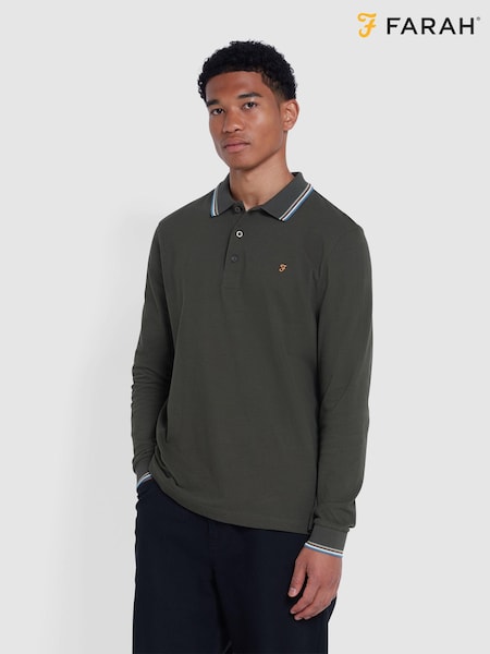 Farah Green Alvin Tipped Collar Long Sleeve Polo Shirt (E93600) | ‏204 د.إ.‏