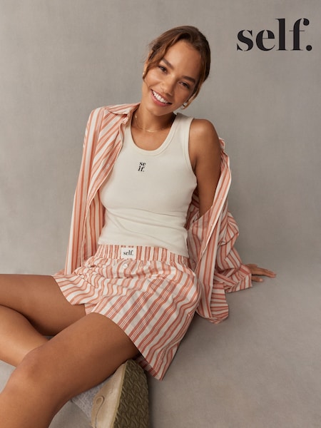 self. Rust Brown Stripe Rib Vest Short Set Pyjamas (E93662) | ₪91