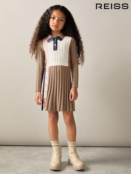 Reiss Camel Kleo 4-9 yrs Ribbed Colourblock Funnel Neck Dress (E93686) | €104